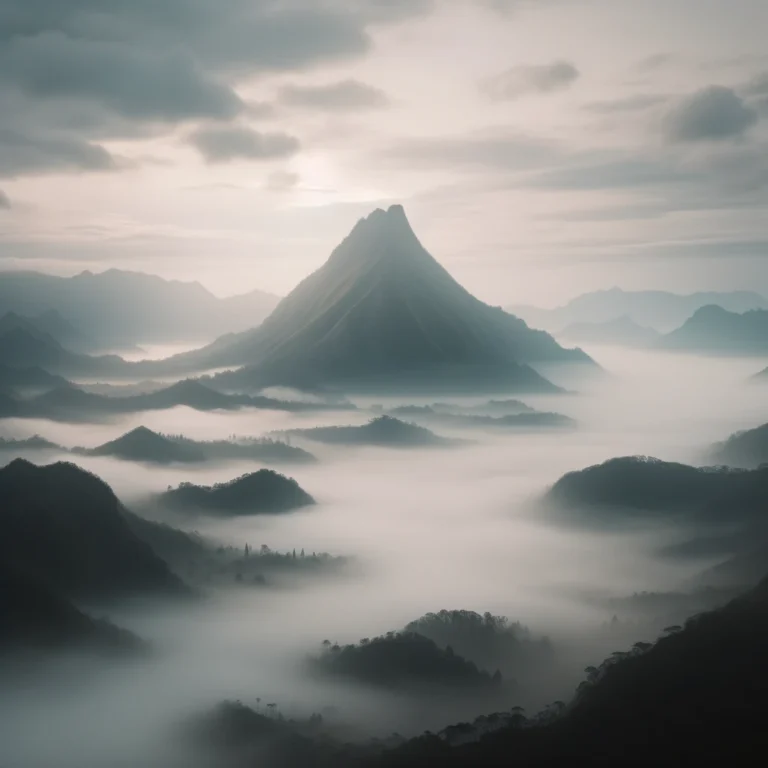 Photo of a misty valley covered in dense fog, with the silhouette of a towering mountaintop emerging in the distance against a pale sky.